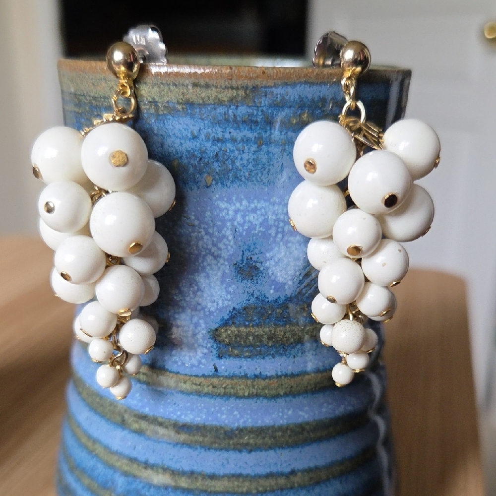 Lia Sophia Gold and White Dangling Grape Cluster Earrings